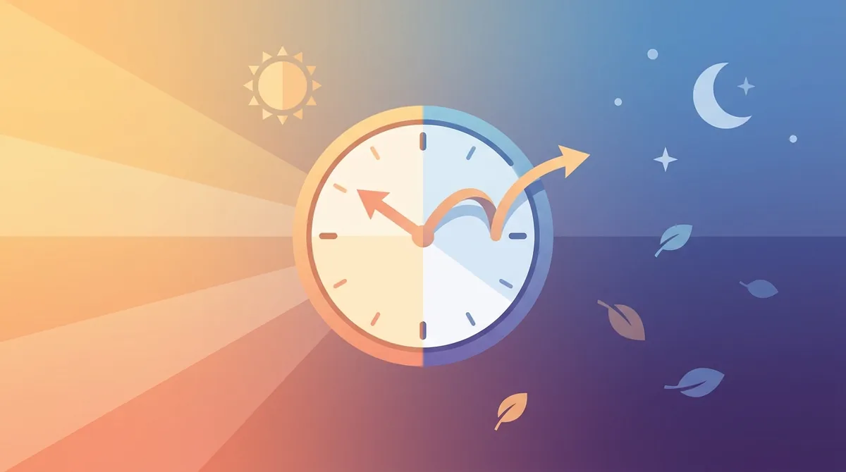 Một đồng hồ analog với kim được chỉnh tiến một giờ trước bầu trời bình minh mùa xuân, minh họa Giờ Mùa Hè